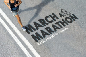 Man running on street and March a Marathon logo